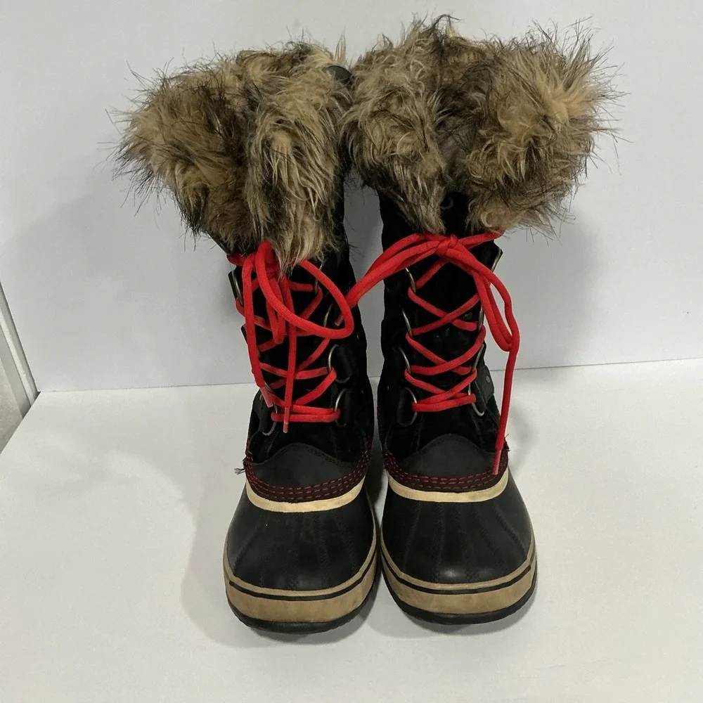 Sorel Joan of Arctic Boots, Black Red, Womens Size 8.5, Waterproof Winter Snow